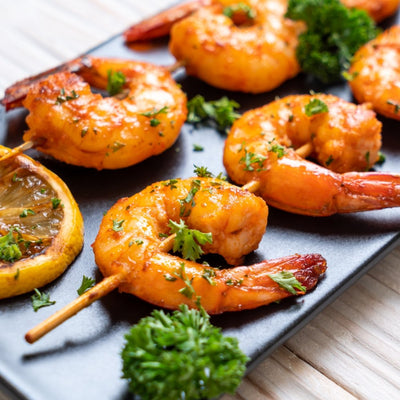 LEMON & HERB GRILLED SHRIMP  with ROASTED GARLIC AIOLI