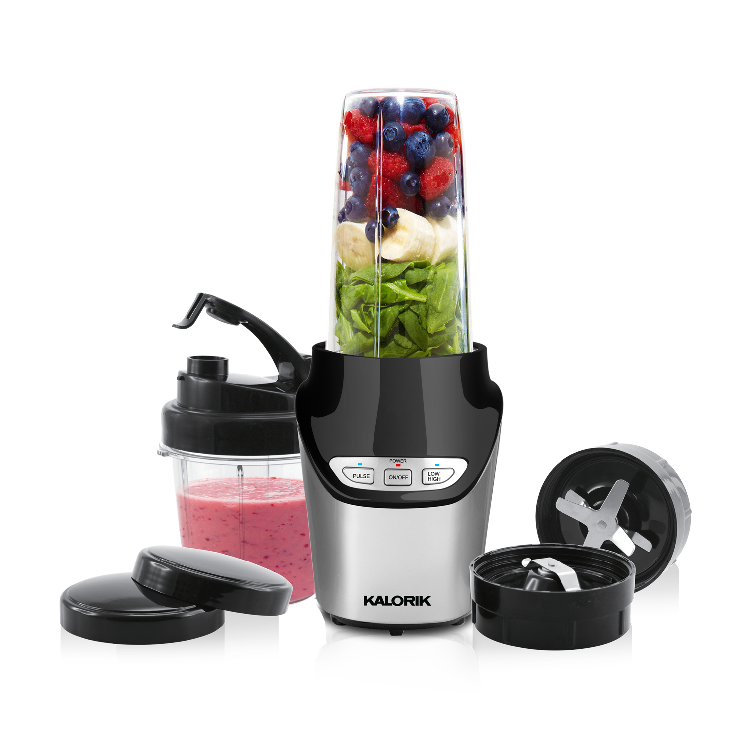 Kalorik 8-Piece Nutrition Blender features ultra-sharp stainless steel blades, to transform drinks into healthy superfoods.