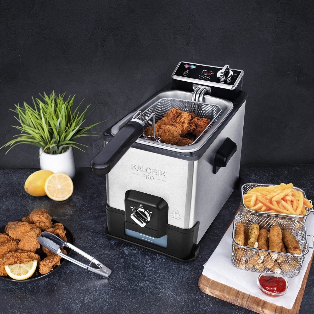 Kalorik Pro 4.2 Quart Triple-Basket Deep Fryer with Oil Filtration