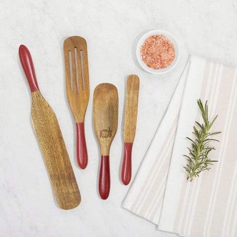 Mad Hungry As Seen on TV 4-Piece Acacia Wood Spurtle Set, Red